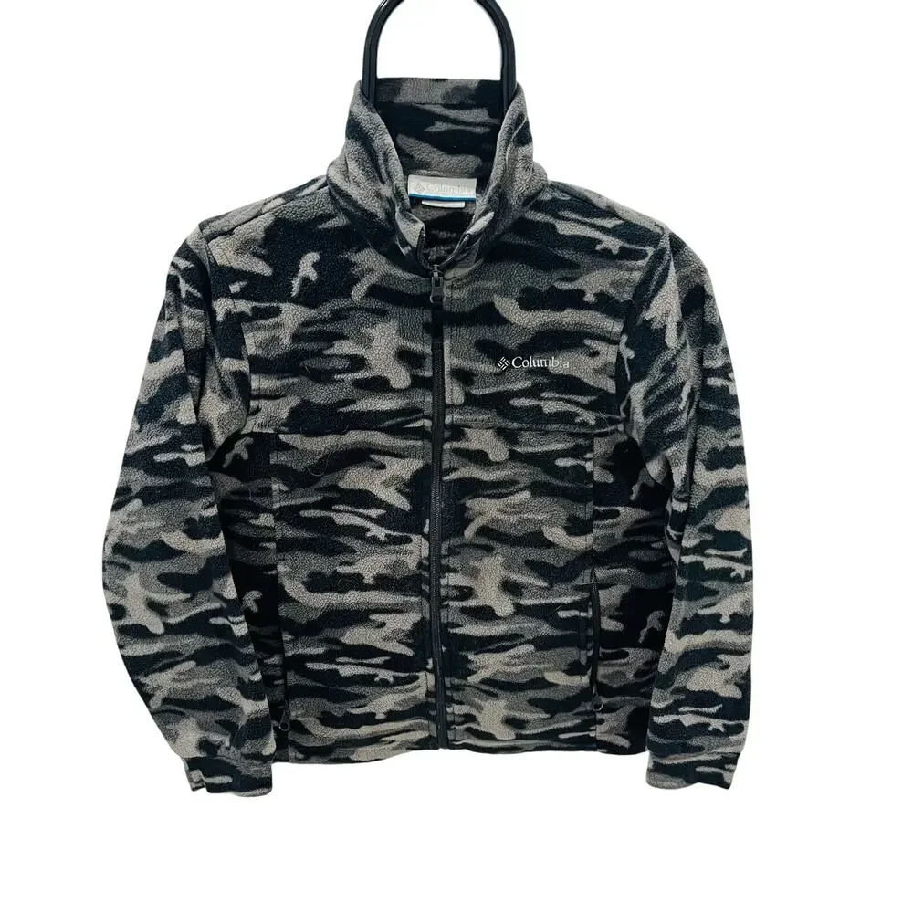Columbia Boys Medium Full Zip Fleece Jacket Gray Black White Camouflage Camo
